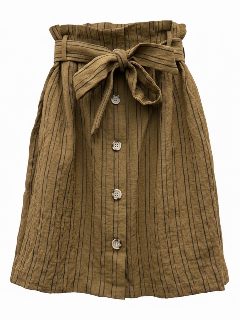 H&M Rust Brown Striped Paperbag Mini Skirt Button Front Tie Waist Sz 4